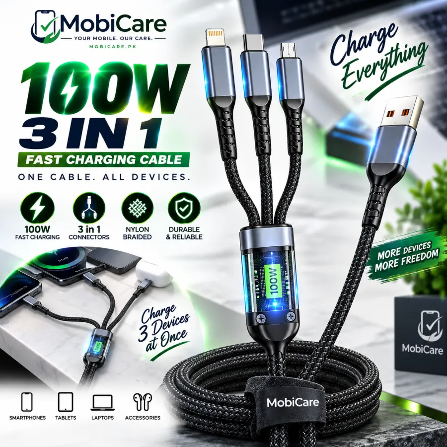 100W 3-in-1 Fast Charging Cable – Type C, Lightning & Micro USB