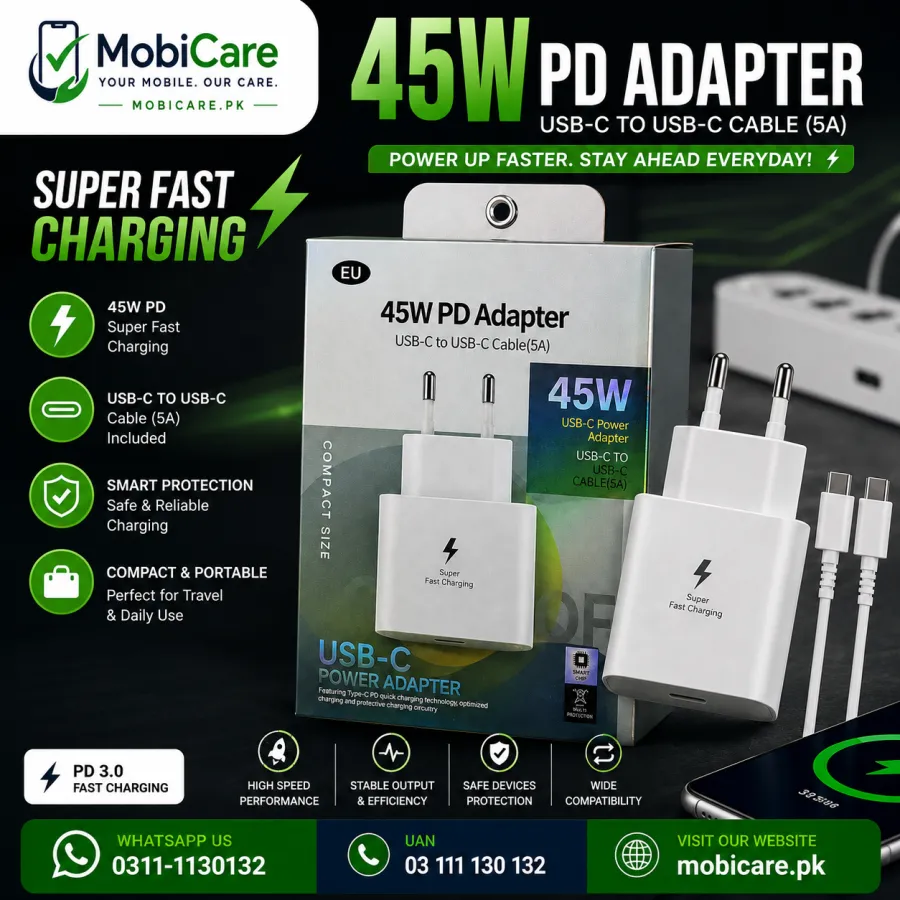 45W PD USB-C Fast Charger with 5A USB-C to USB-C Cable (EU Plug)