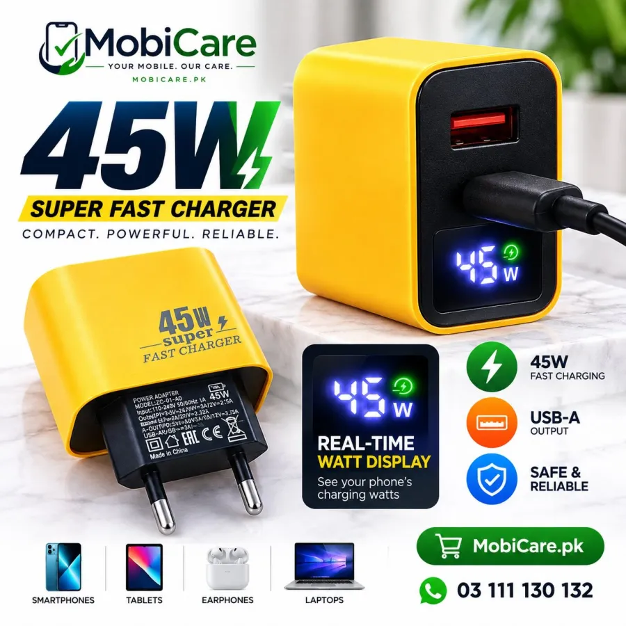 45W Super Fast Charger with Real-Time Watt Display – USB-A & USB-C