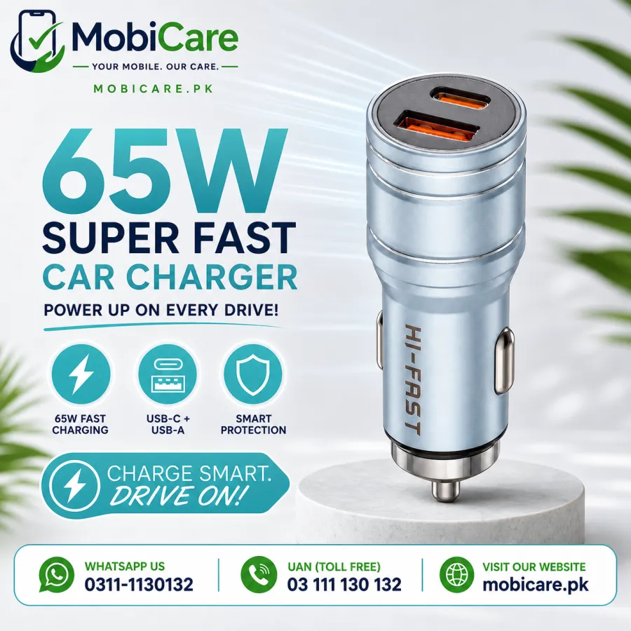 Hi-Fast HCH-50 65W Dual-Port Car Charger – USB-C + USB-A