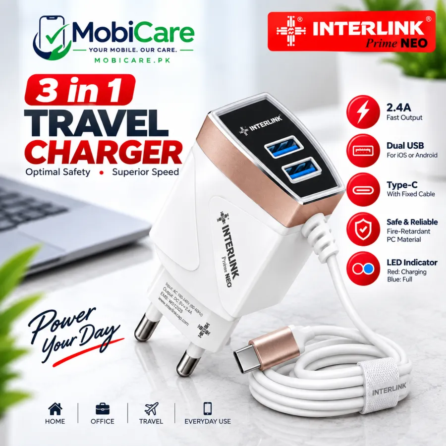 INTERLINK Prime NEO 3-in-1 Travel Charger – 2.4A Dual USB + Type-C