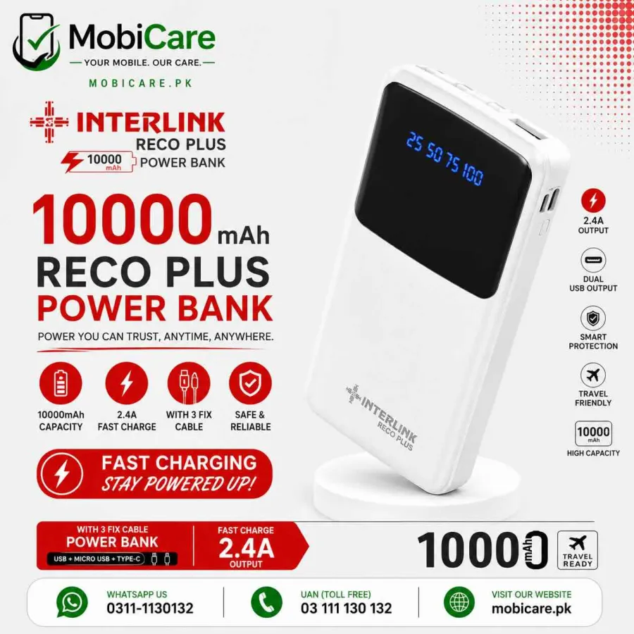 Interlink RECO PLUS 10000mAh Power Bank – 3 Built-in Cables & LED Display