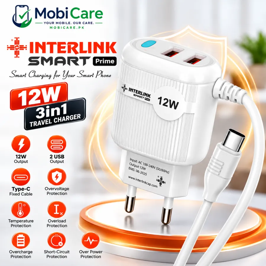 INTERLINK Smart Prime 12W 3-in-1 Travel Charger – Dual USB + Type-C