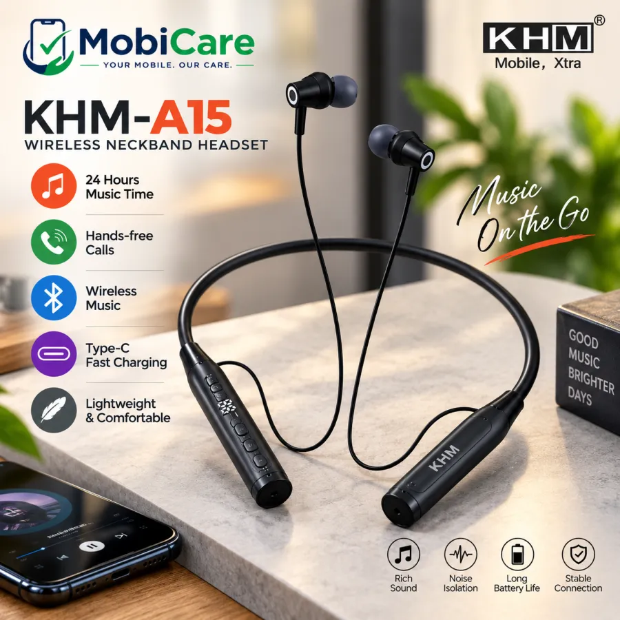 KHM-A15 Wireless Neckband Headset – 24H Music, Type-C & Hands-Free Calls