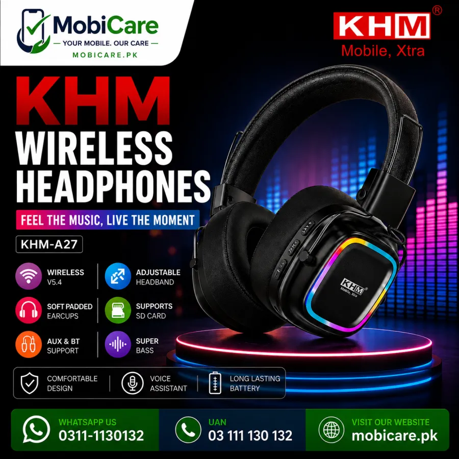 KHM A27 Wireless Bluetooth Headphones with RGB Lights & Super Bass