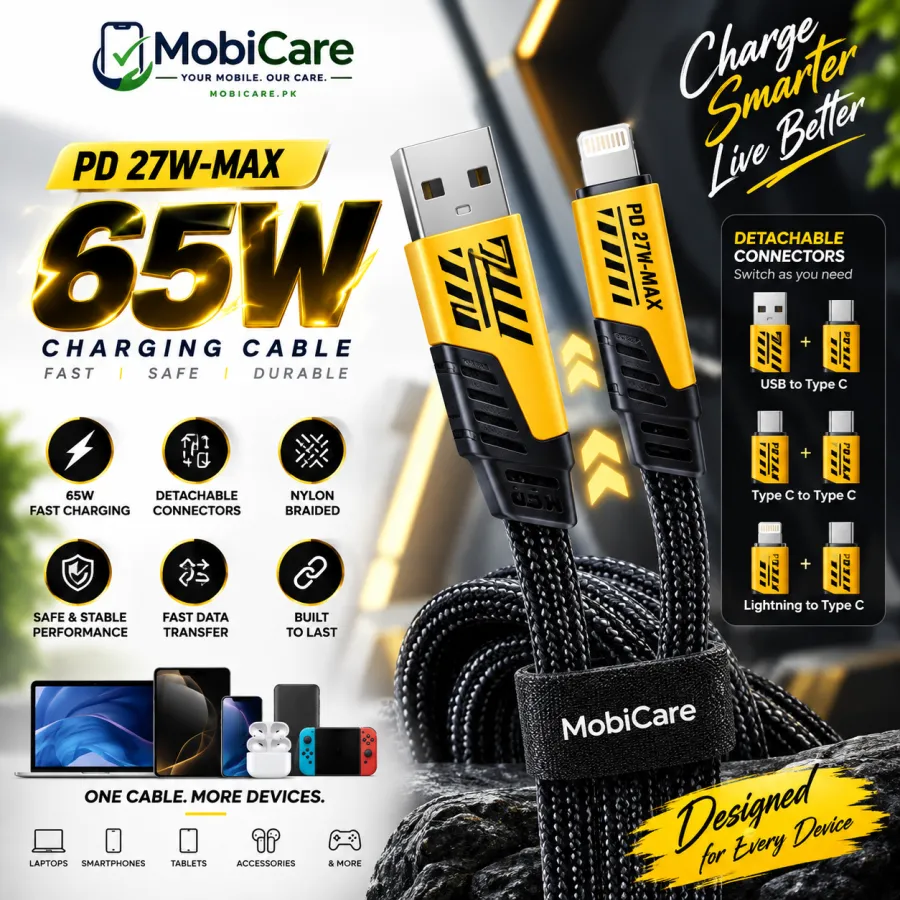 PD 27W-MAX 65W Detachable Fast Charging Cable – Type C, USB & Lightning
