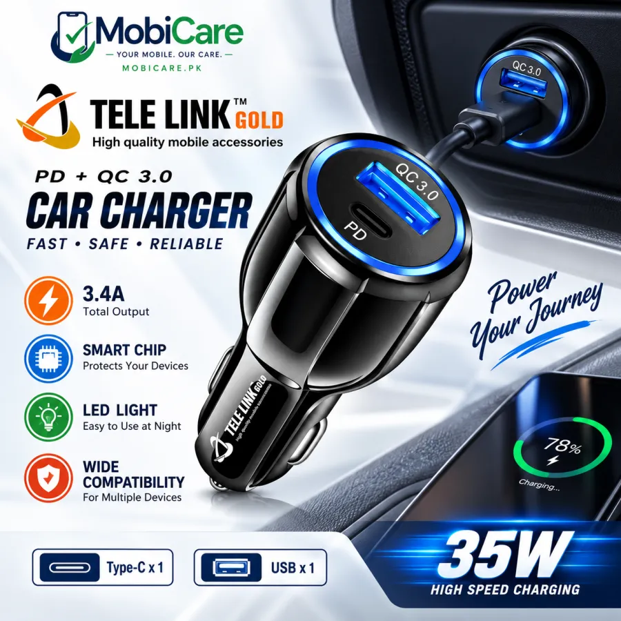 Tele Link Gold TLG-786-2 35W Fast Car Charger – PD + QC 3.0